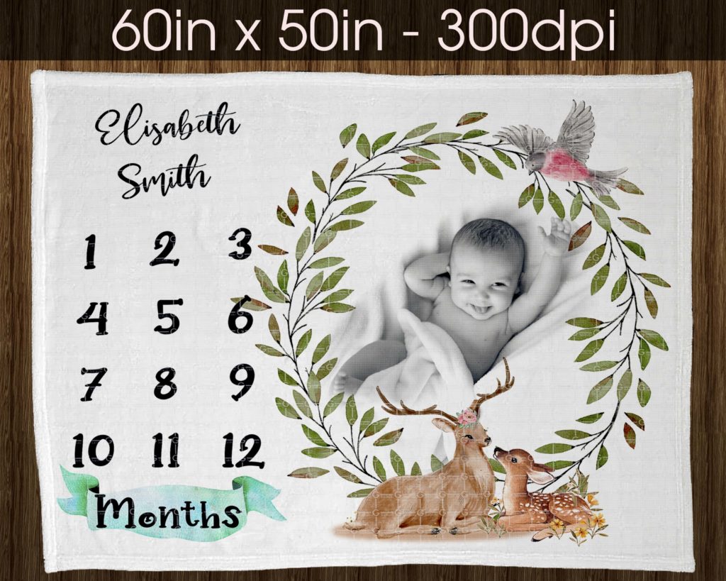 Deer Baby Milestone Blanket Digital Design for Sublimation, DTG print, Blanket design, forest blanket, baby deer