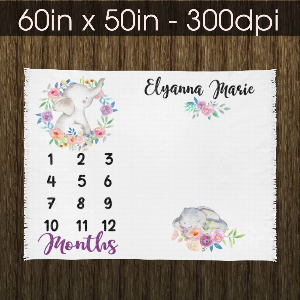 Elephant Baby Milestone Blanket Digital Design for Sublimation, DTG print, Blanket design,