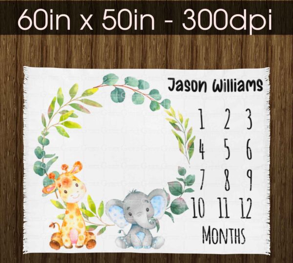 Elephant Giraffe Baby Milestone Blanket Digital Design for Sublimation, DTG print, Blanket design,