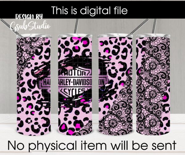 Harley Davidson Tumbler Wrap, 20oz Skinny, Pink Leopard, Motorcycles Tumbler, Harley Davidson Tumbler PNG Instant Download - Image 3