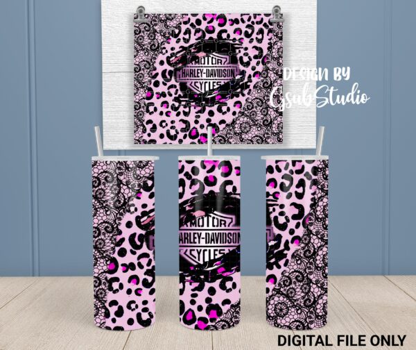 Harley Davidson Tumbler Wrap, 20oz Skinny, Pink Leopard, Motorcycles Tumbler, Harley Davidson Tumbler PNG Instant Download - Image 4