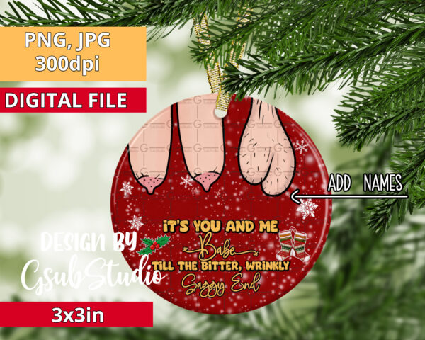 It's You and me babe till the wrinkly bitter saggy end Personalized Ornament - Image 2